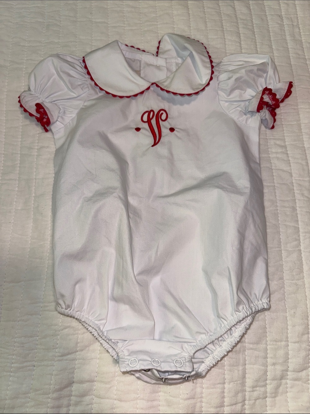 EUC TBBC White Onsie with Red Trim and monogram “V” Size 0-6 months